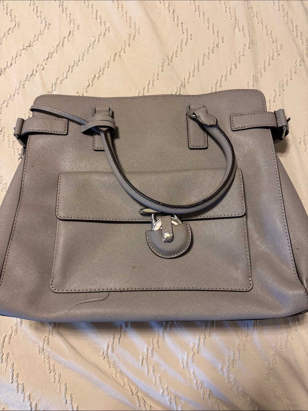 Grey Structured Tote Handbag with Front Pocket